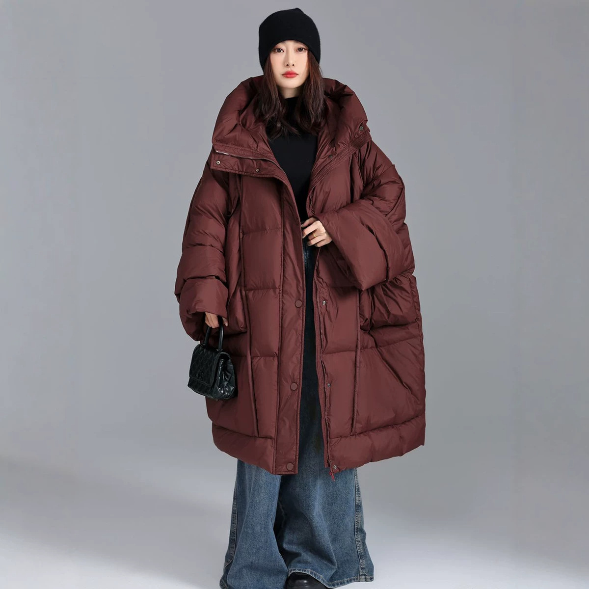 Down Jacket Packable - 겨울용 솔리드 스탠드 칼라 루즈 다운